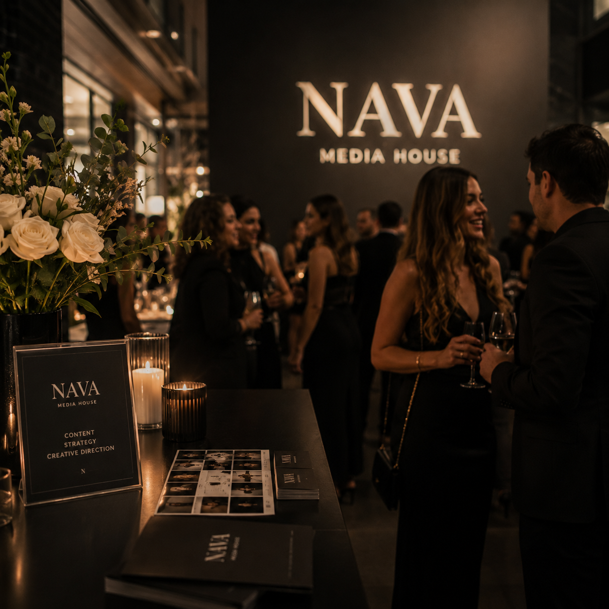 A NAVA Media House welcome table at an evening event, with branded print collateral, candles and florals