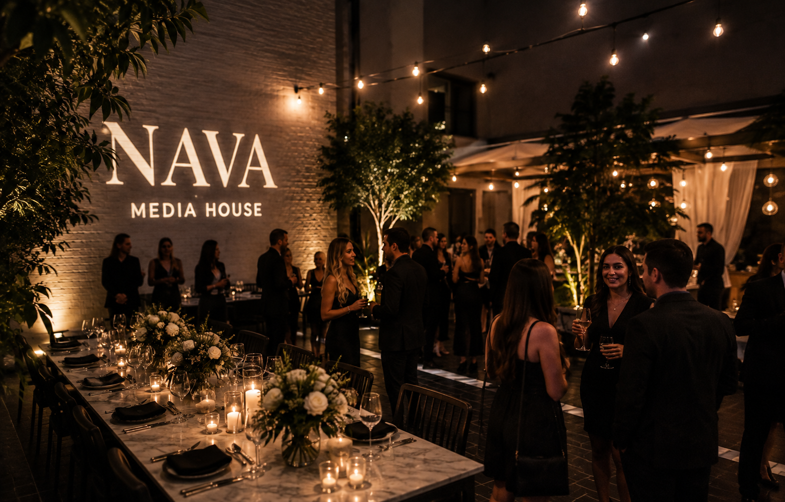 An evening event styled for NAVA Media House, with a candlelit dinner table and guests beneath string lights