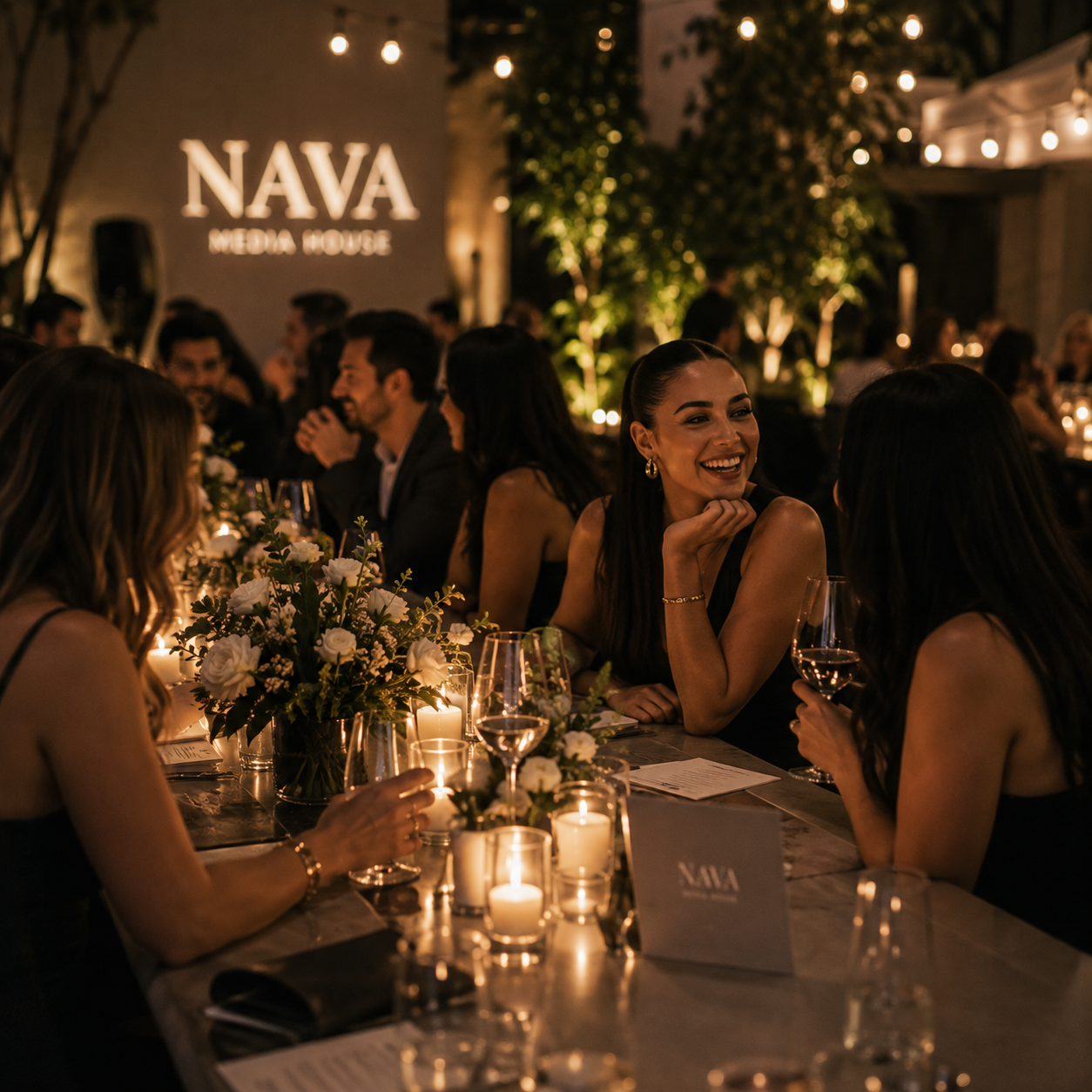 Guests seated at a candlelit dinner table at an evening event styled for NAVA Media House
