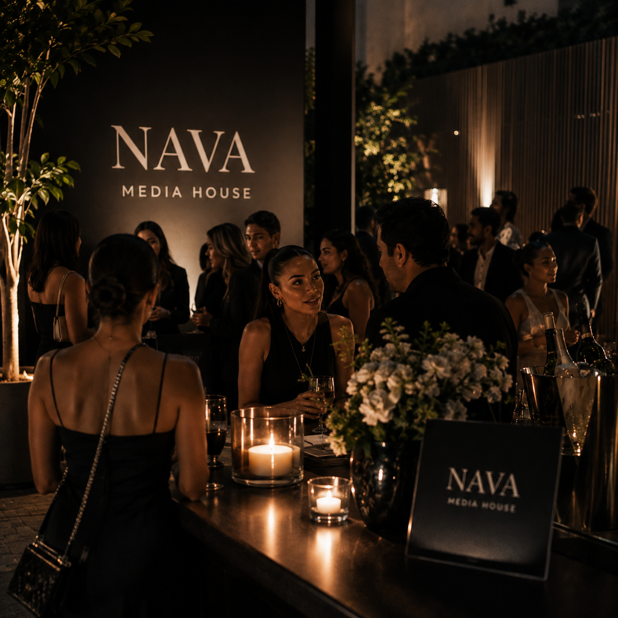 Guests at a candlelit bar beneath NAVA Media House signage at an evening event
