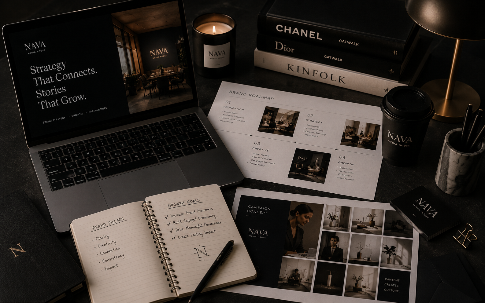 A NAVA Media House brand roadmap and campaign concept laid out on a desk beside a laptop and notebook