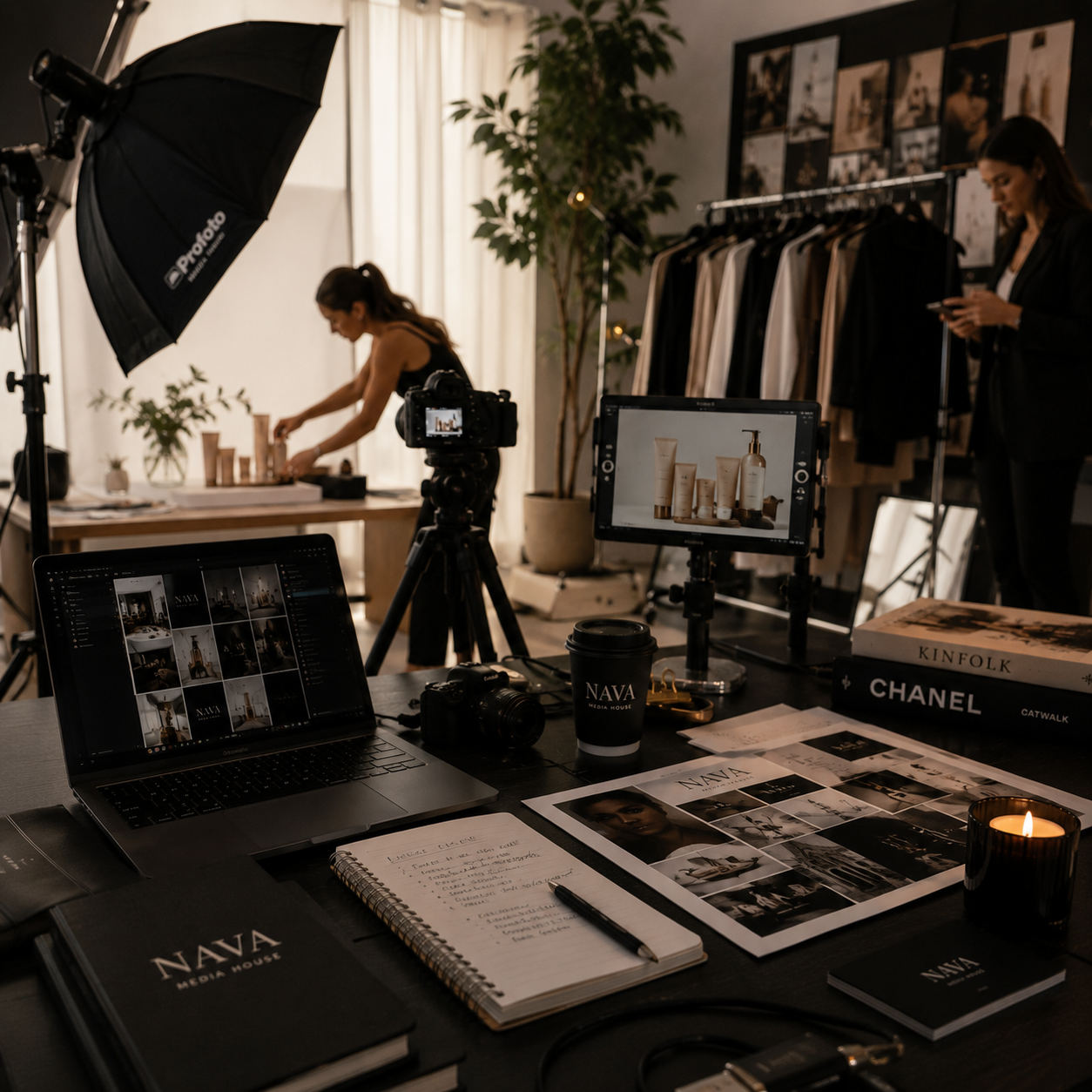 A NAVA Media House content shoot in progress, with studio lighting, a camera on a tripod and product styling in the background