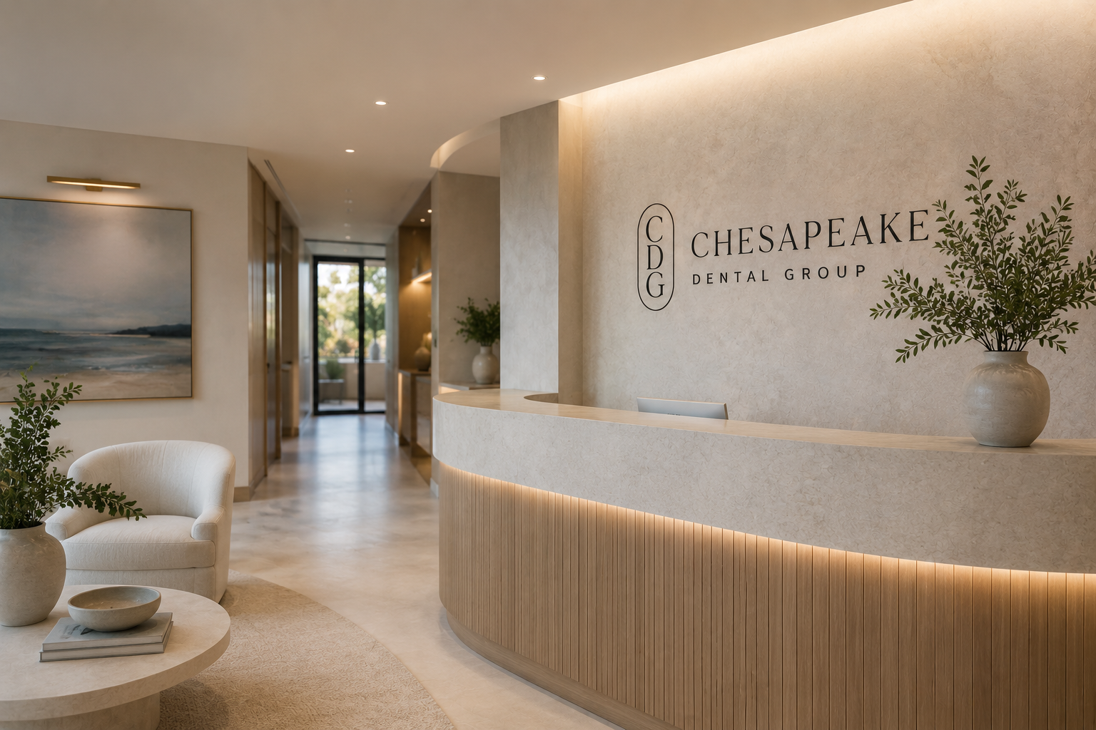 An editorial interior styled around Chesapeake Dental Group's branding, with the practice mark on the reception wall